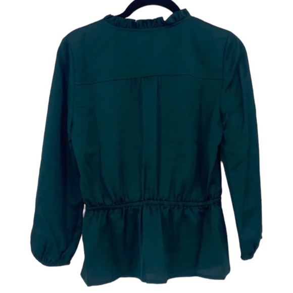 J. Crew Top Womens 00 Green Satin V-Neck Button Detail Peplum Elastic Waist - Picture 2 of 12